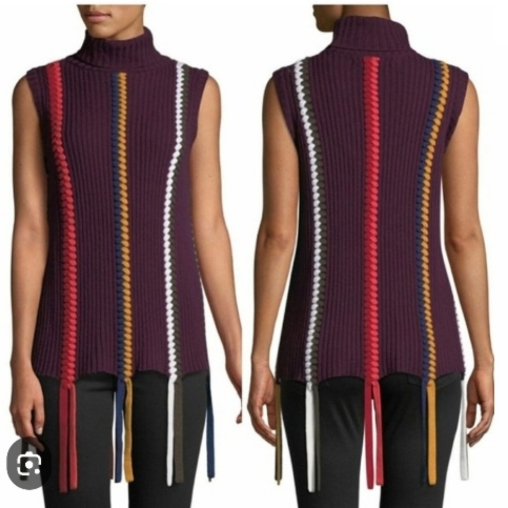 NWOT Derec Lam 10 Crosby Merino Wool Sleeveless Turtleneck Braided Sweater
